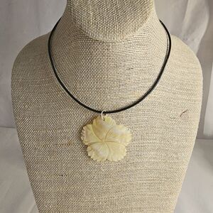 Sterling silver 2” Mother of pearl Carved Flower Pendant leather cord